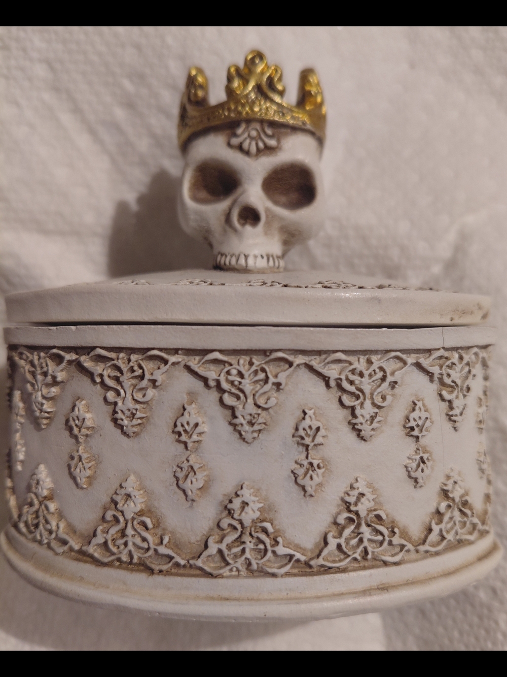 Crowned Skull Decorative 3" Trinket Box - White and Gold Resin